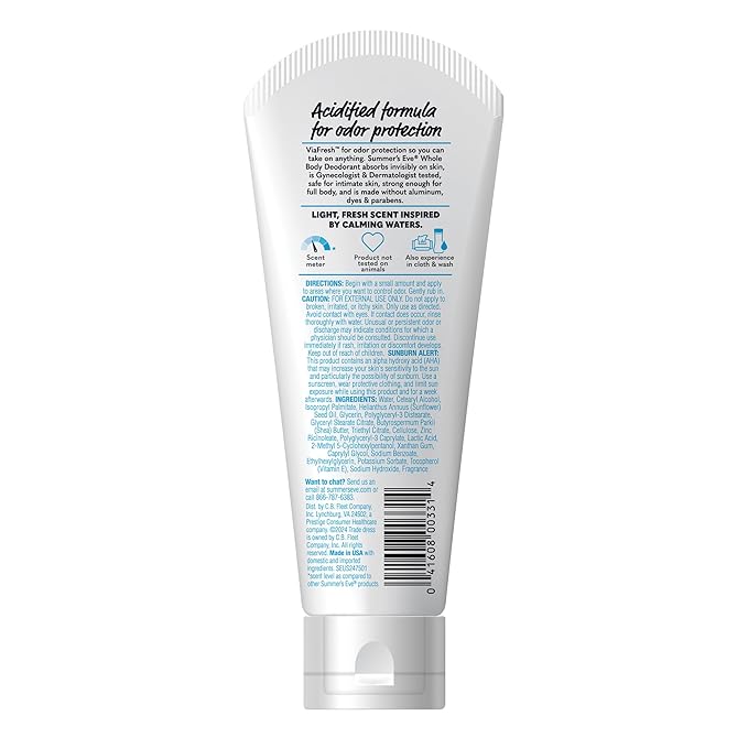 Summer's Eve, Whole Body Deodorant for Women, Ultimate Odor Control, Aluminum Free Deodorant, Fresh Scent, 3 Fl Oz