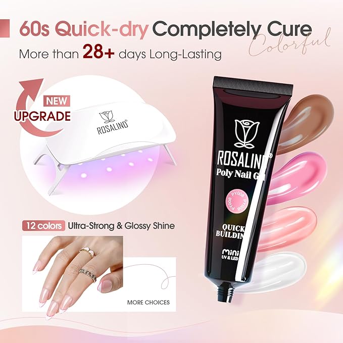 ROSALIND 12PCS Pink Brown Poly Nail Gel Kit with Mini Nail Lamp White Glitter Pink Poly Extension Gel Set