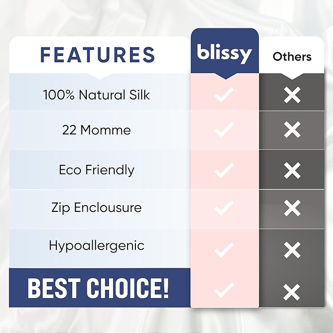 Blissy Silk Pillowcase - 100% Pure Mulberry Silk - 22 Momme 6A High-Grade Fibers - Silk Pillow Cover for Hair & Skin - Regular, Queen & King (Gray, Queen)