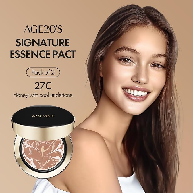AGE20'S Signature Essence Pact SPF 50+ | Pack of 2 | 27C HONEY | Cream Foundation, Dewy Finish, Natural Coverage | Korean Cushion Foundation