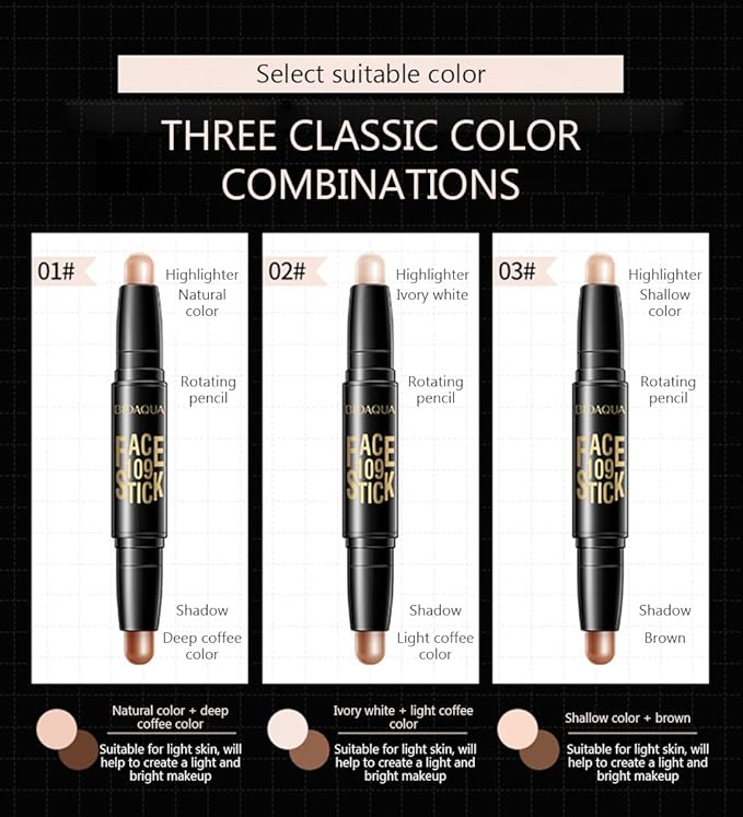 BIOAQUA Play 109 Face Stick Contour Duo 2 in 1 Highlighter Pencil (#02 IVORY WHITE / LIGHT COFFEE)