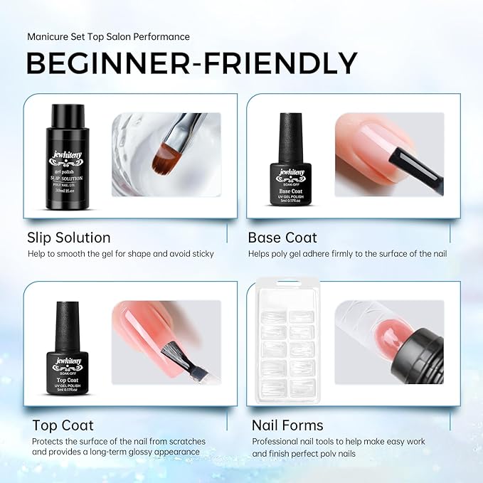 JEWHITENY Poly Nail Gel Kit 14 Colors Purple Nude Grey Black Blue Glitter Tones Starter Kit with UV Lamp Matte & Glossy Top & Base Coat All-in-One Designs DIY At Home