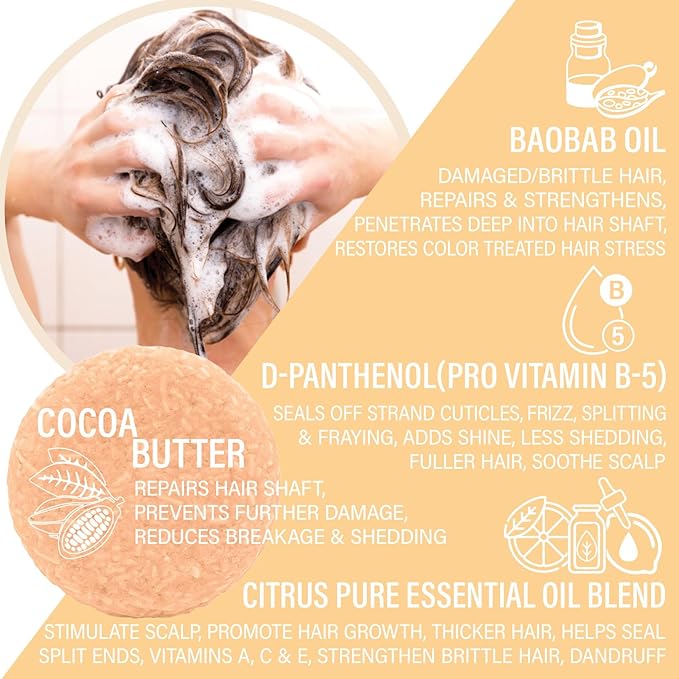 Citrus Splash Shampoo Bars for all Hair Types is Vegan, Sulfate Free and Made in the USA. This beach shampoo bar has a swim detangler and is great as a travel shampoo. Get up to 60 washes.