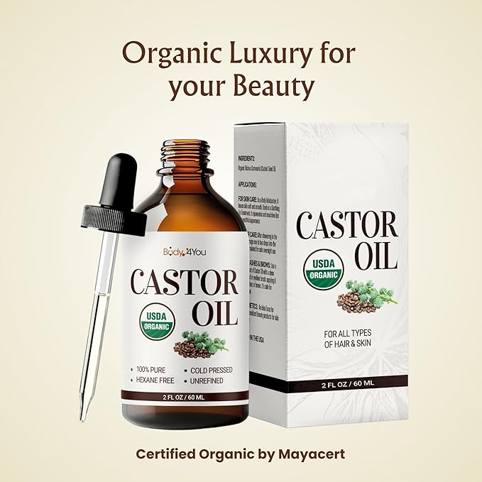 BodyJ4You Castor Oil for Eyelashes Eyebrows - 100% Pure Natural USDA Organic Cold Pressed - Hydrating Skin Hair Growth Oil Lashes Scalp - Non-GMO Hexane Free Unrefined Carrier - Glass Bottle 2 Fl Oz