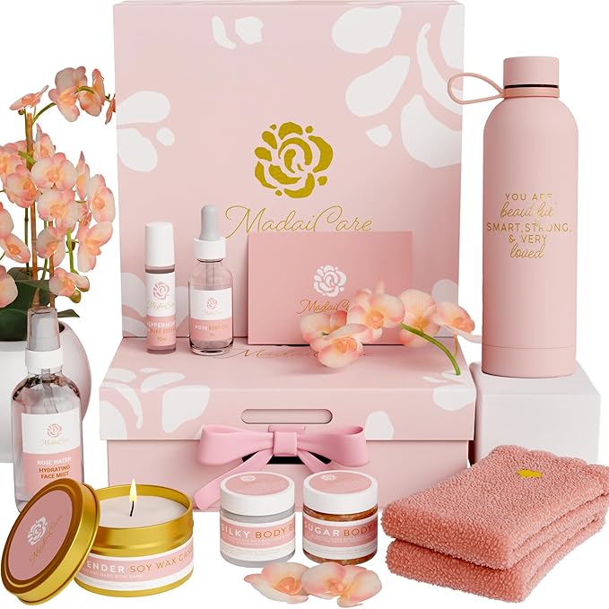 Luxury Spa Gift Basket for Women - Relaxing Self Care Kit with Body Scrub & Cream, Facial Mist, Scented Candle & More - Perfect Birthday Gift For Women - Box Set of 9 Pcs