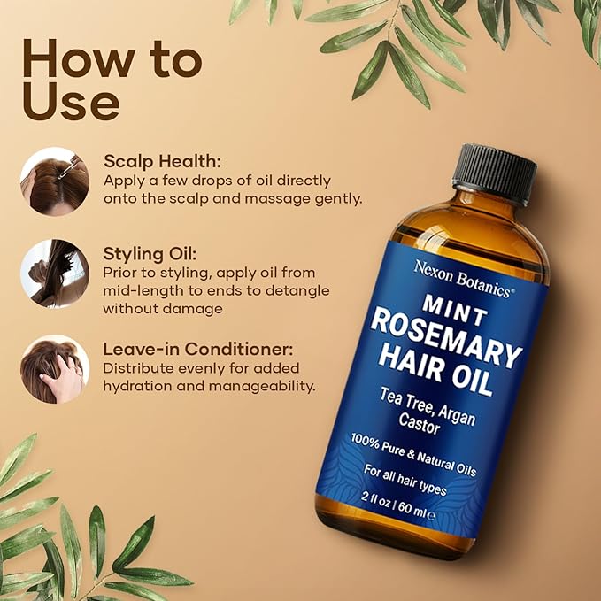 Mint Rosemary Oil for Hair Growth 2 fl oz – Lightweight, Non-Greasy Formula with Peppermint – Strengthens Strands for Healthier, Thicker Look – Nexon Botanics