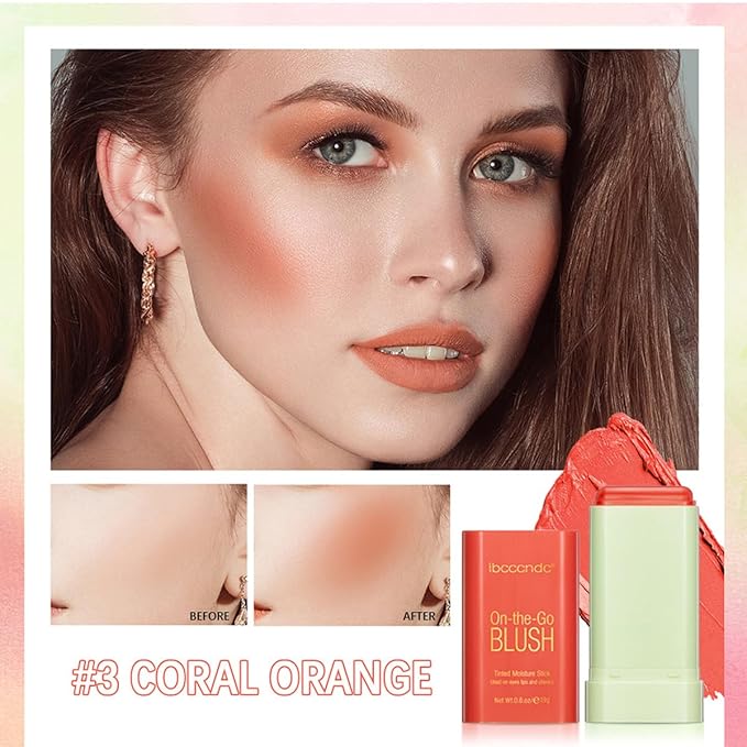 Multi-Use Makeup Blush Stick,Cream Blush Stick,Solid Moisturizer Stick,Waterproof Natural Nude Makeup,Tinted Solid Moisturizer Stick for Eyes Lips Cheek (3#Coral Orange)