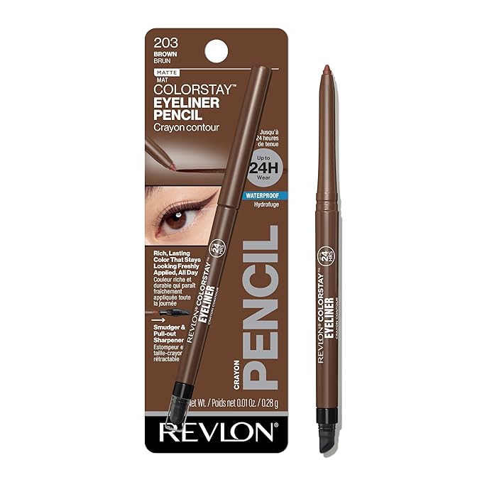 Revlon ColorStay Pencil Waterproof Eyeliner, Smudge-Proof, Eye Makeup with Built-In Sharpener, Packaging May Vary, 203 Brown, 0.01 oz