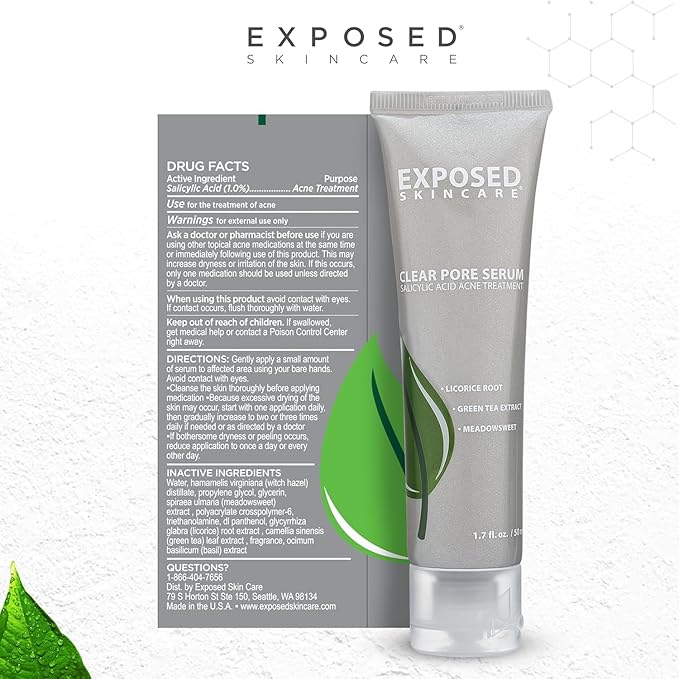 Exposed Skin Care Acne Treatment Kit - Includes Facial Cleanser, Clearing Tonic, Acne Treatment Serum, Clear Pore Serum, Clarifying Mask, Cloth - Natural Acne Solution for Face, All Ages & Skin Types