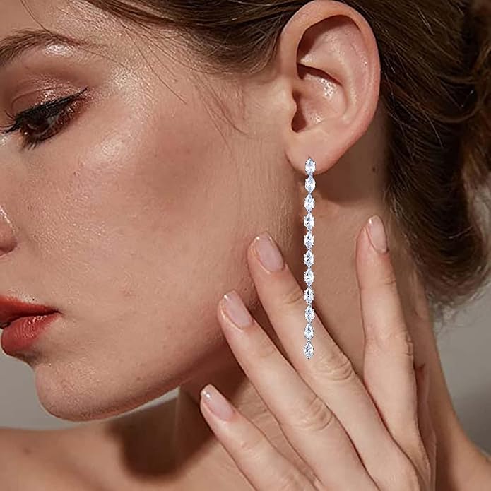 Vintage Rhinestone Chain Drop Earrings Silver Linear Crystal Earrings Sparkle Cz Tassel Earrings Long Cz Chain Stud Earrings Jewelry for Women and Girls