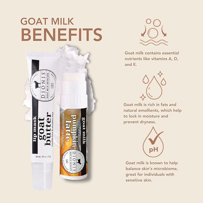 Dionis Goat Butter Overnight Lip Mask & Lip Balm Kit - Goat Milk, Jojoba & Moringa Oils Moisturize & Repair Chapped Lips Overnight while Lip Balm Keeps Moisture Locked In All Day, Pumpkin