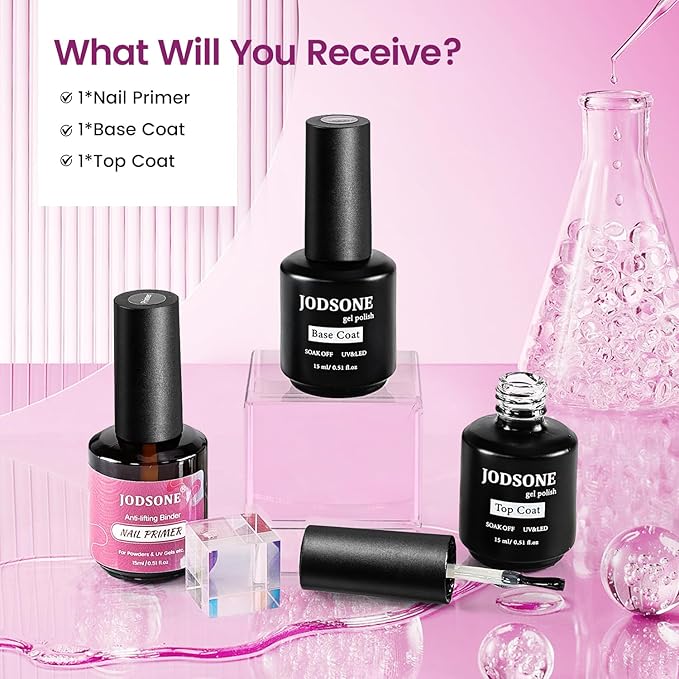 JODSONE 3 PCS Nail Primer Base Coat Top Coat with a capacity of 15ml Quick Curing Long Lasting