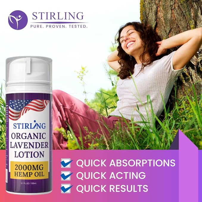 STIRLING Lavender Lotion – Organic Lavender with 2000mg Hemp Oil, Aloe Vera, and Vitamin E – Nourishing and Moisturizing Body Lotion for a Soft and Smooth Feel