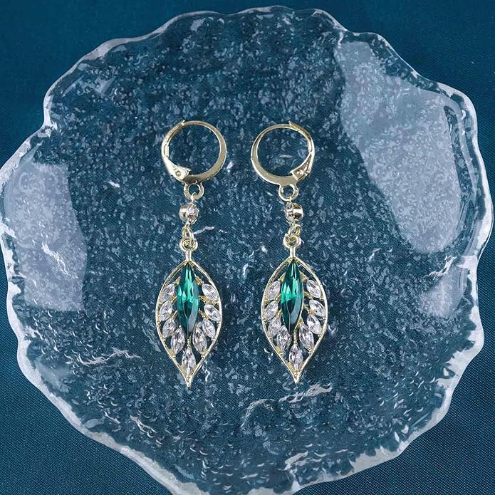 Vintage Crystal Emerald Leaf Dangle Earrings Green Rhinestone Leaf Drop Earrings Green Cz Leaf Earrings Crystal Leaf Hoop Earrings Jewelry for Women