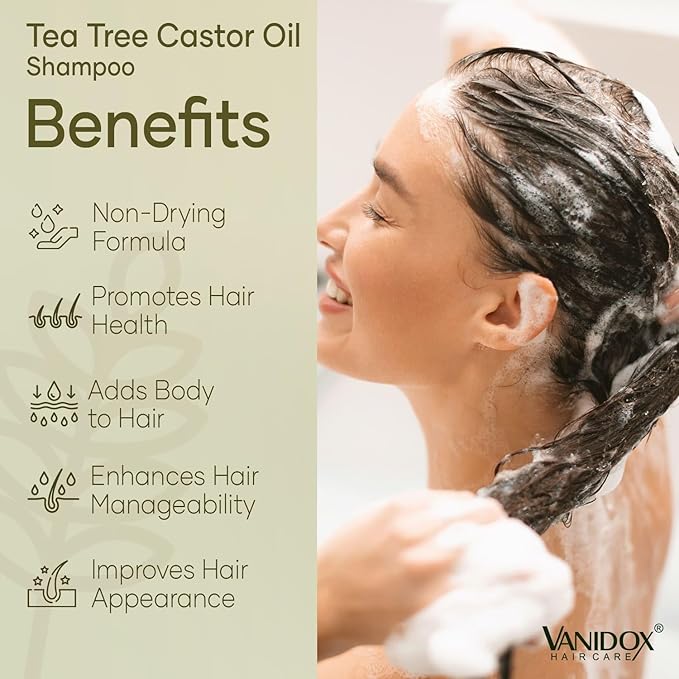 Tea Tree Oil Shampoo with Castor Oil, DHT Blockers, Itchy Scalp Relief, Supports Fuller Hair, Cleanses Dandruff & Buildup, For Men & Women, Made in USA, 16 fl oz