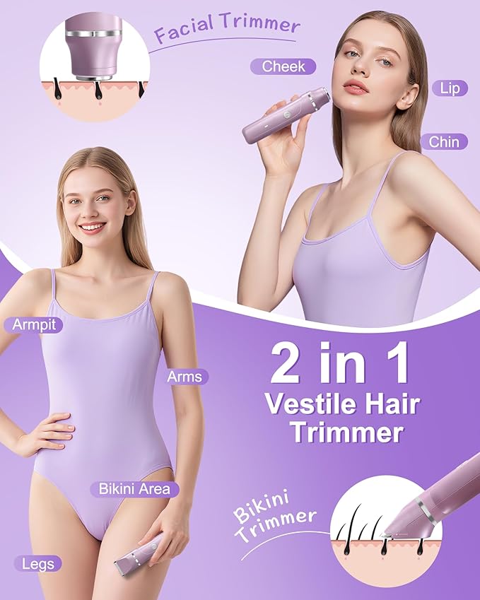 Dermave Bikini Shaver - 2 in 1 Waterproof Bikini Trimmer for Women Cordless Electric Razors for Women, Dry/Wet Use for Bikini, Armpit, Face, Rechargeable Shaver with Detachable Head, Pearl Purple