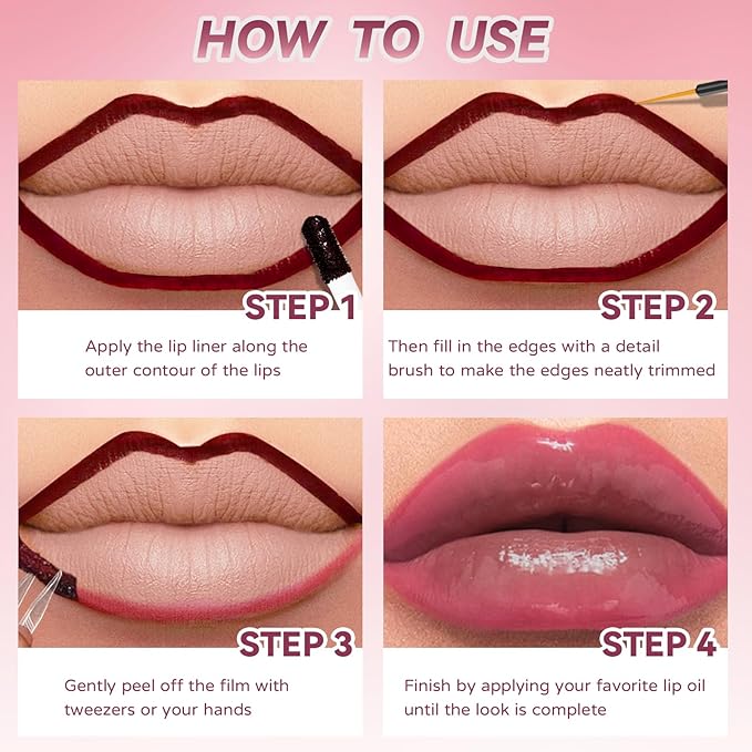 Dual-Ended Peel Off Lip Stain Liner, Long Lasting Waterproof Peel Off Lip Liner Tattoo with Nourishing Clear Gloss Combo Set, Transfer-Proof Non-Stick Cup Shiny Lips Tint Lipstick Makeup07
