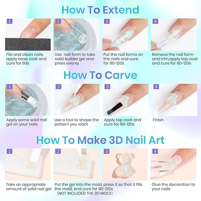MIZHSE Solid Builder Gel for Nails – 2PCS 1oz Mermaid Pearl & Clear Hard Gel Kit with Nail Forms 3D Mold Soak-off U V 3D for Nails Extension for Salon Manicure Home DIY
