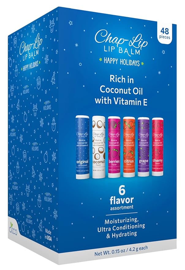 Rich in Coconut Oil & Vitamin E - Moisturizing, Ultra Conditioning & Hydrating - Total Lip Moisturizer & Lip Therapy Treatment - Happy Holidays 6 Flavor Assortment, 48 Count