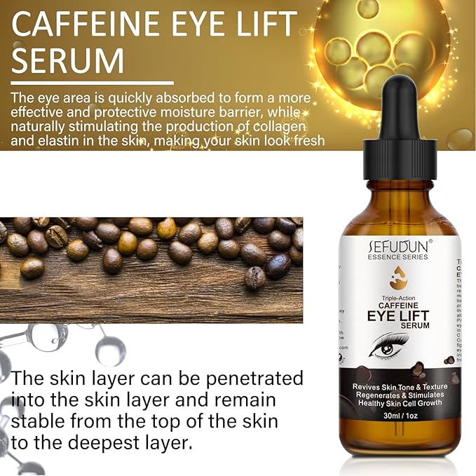 Caffeine Eye Serum, Eye Lift Serum with Vitamin C, Hyaluronic Acid, Collagen - Reduces Puffiness, Dark Circles, Under Eye Bags 1 oz / 30 ml