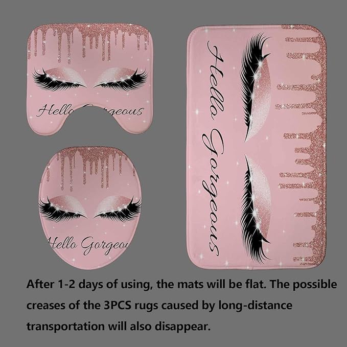 4PCS Hello Gorgeous Unicorn Eyelash Shower Curtain Set Luxury Diamond Rose Gold Glitter Eyeshadow Makeup Pink Glam Beauty Fashion Girly Women Bathroom Decor Non-slip Bath Mat Toilet Rug, Bling
