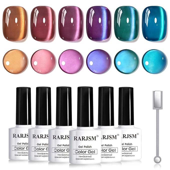 RARJSM Aurora Ceramics Glitter Glass Cat Eye Gel Nail Polish Set 6Pcs Pink Purple Brown Blue Green Shimmer Smoothie Cateye Colorful Galaxy Effect with Magnetic Stick UV LED Curing Require Home Salon