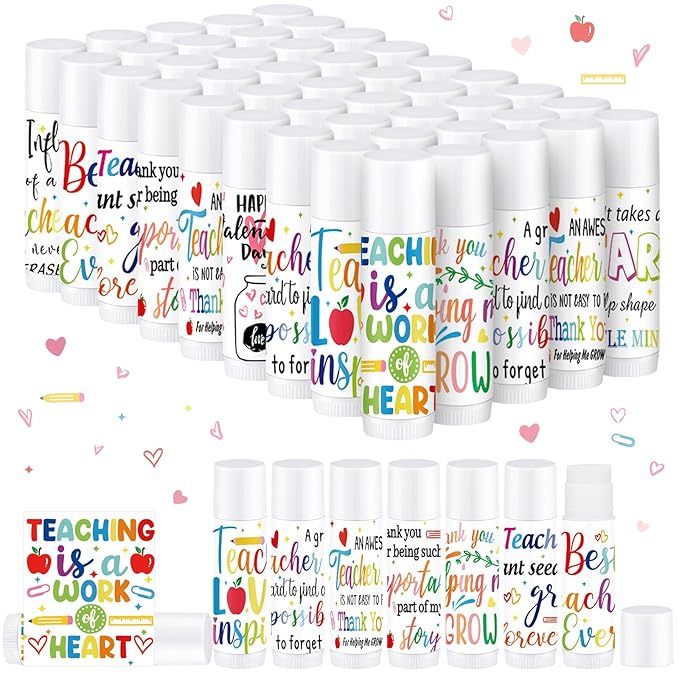Dunzy 50 Pcs Thank You Gift Lip Balm Bulk Baby Shower Party Favors Bridal Shower Favor Lip Care with Assorted Fruit Flavors Thank You Lipstick for Guest Basket Gift Stuffer (Teacher)