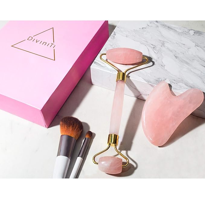 Rose Quartz Face Roller and Gua Sha Set - Face Roller Skin Care - Jade Roller and Gua Sha and Jade Roller for Face Rollers for Women Gifts - Rose Quartz Roller for Face Massage Roller DiviniTi