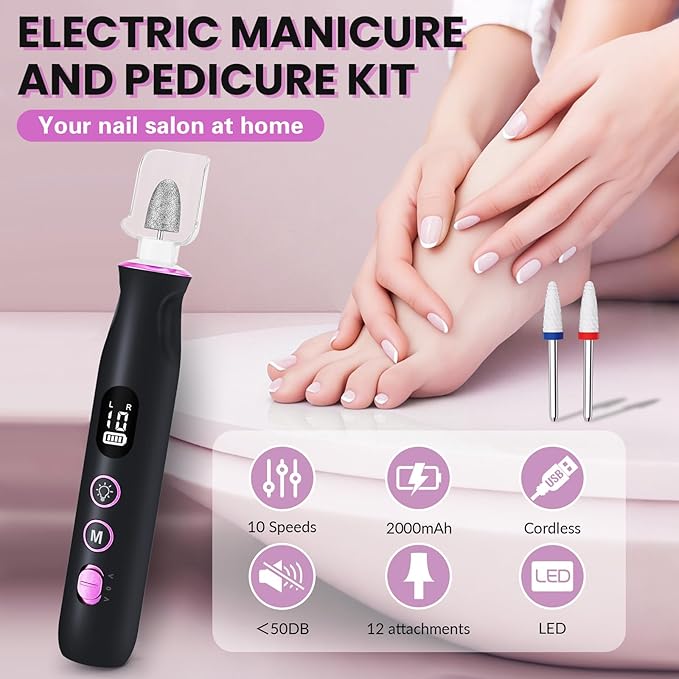 Electric Nail Drill, Cordless 2000 mAh Rechargeable Portable Nail File 12 in 1 Kit for Thick Toenails, 10 Speeds Nail Dril Machine Professional Manicure Pedicure for Hand Natural Nails Care (Black)