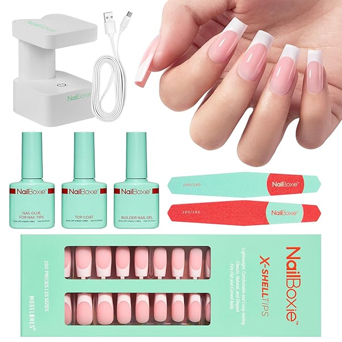 Gel Nail Kit, Top Coat, Nail Builder Gel and Nail Glue for Nail Tips, Press On Nails Kit with LED Light, 150 PCS Long Pink Square, 15 Sizes French Tip Press on Nails