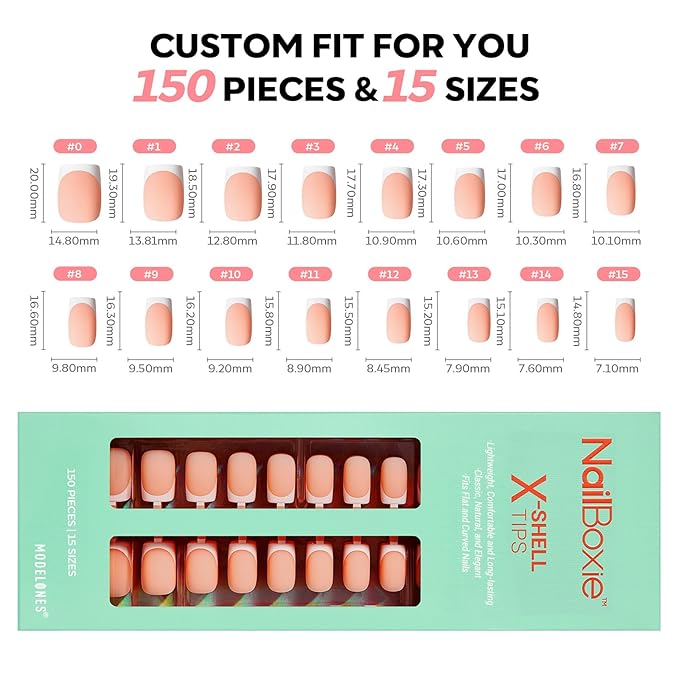 modelones French Tip Press on Nails, Short Square Fake Nails with Nail Box, Deep Nude Gel Nail Tips for Women, Soft Glue-On Nails for Natural Salon Look, DIY Nail Art Kit