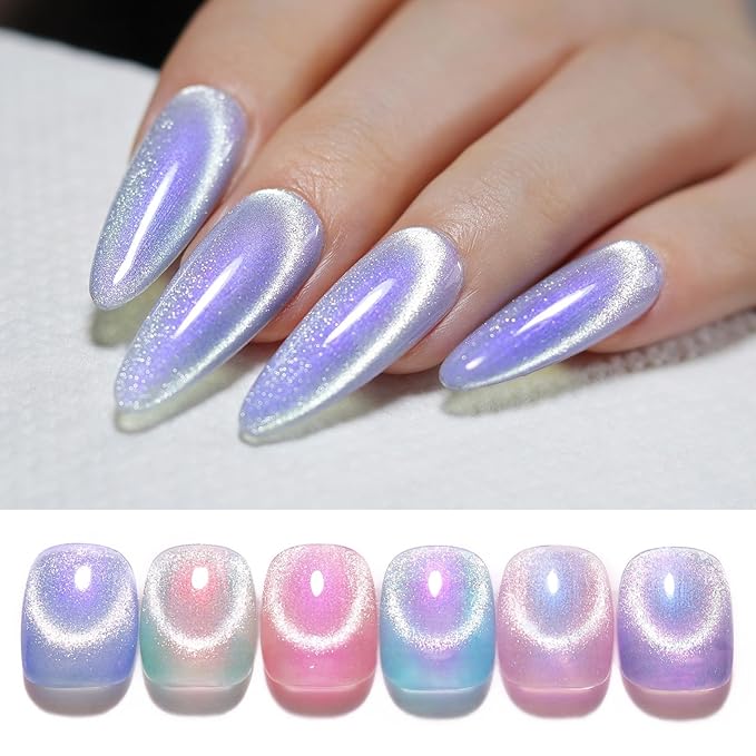 Born Pretty Auroras Cat Magnetic Eye Gel Nail Polish Set Shimmer Glitter with Magnet 9D Holographic Reflective Magnetic Nail Polish Kit Auroras Mermaid Green Blue Purple Pink Purple 6 Colors