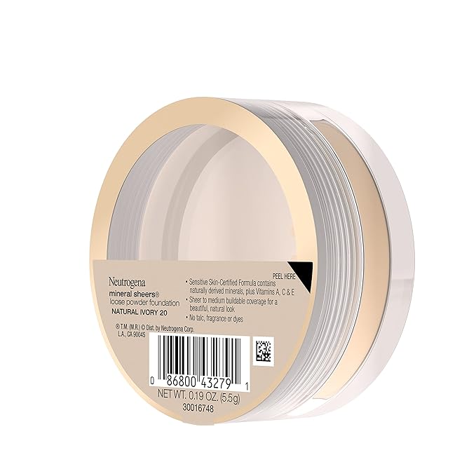 Neutrogena Mineral Sheers Loose Powder Makeup Foundation, Lightweight Face Makeup, Sheer to Medium Buildable Coverage, Sensitive Skin Foundation with Vitamins A, C, & E, Natural Ivory 20, .19 oz