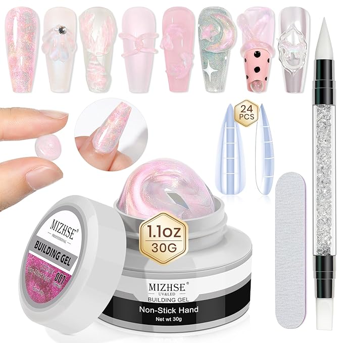 MIZHSE Solid Builder Gel for Nails, Mermaid Pearl 1oz Hard Gel Builder Non Sticky Nail Extension Gels Long Lasting Modeling Sculpture Nail Salon Art Home Use
