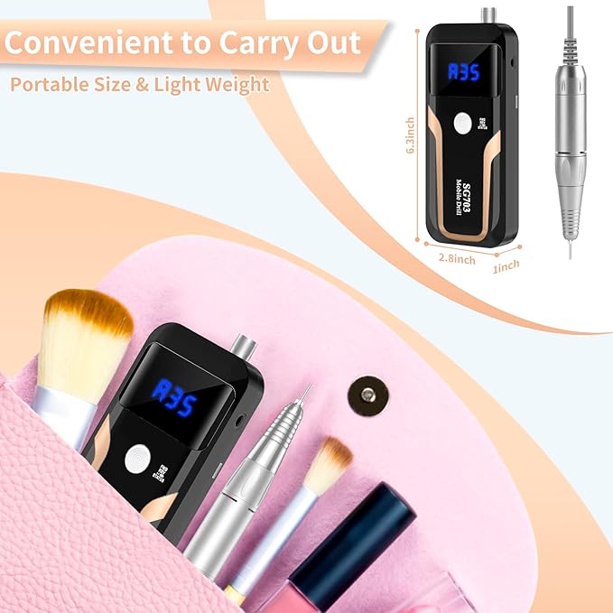 Portable Nail Drill Professional 35000 RPM, MOCOWIND Rechargeable Electric Nail File Machine for Acrylic Nails Gel Polishing Removing, Cordless E-File with Bits Kit for Manicure Salon Home, Black