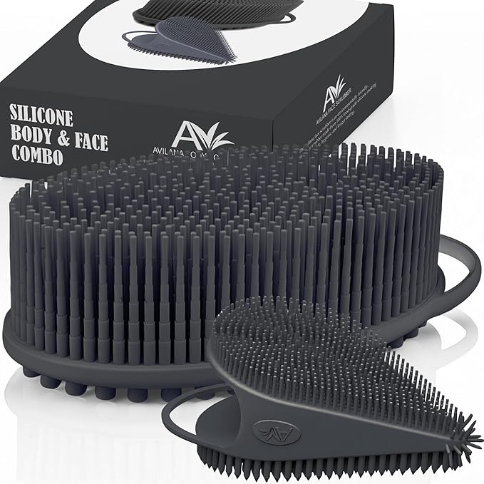 Avilana Silicone Body Scrubber – Gentle Shower Brush & Loofah Alternative- Food Grade & Lab Tested – Fast-Drying, Hygienic, BPA-Free Silicone Body Gentle Exfoliator (Dark Gray, Body & Face)