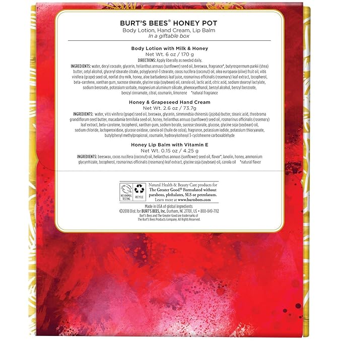 Burt's Bees Honey Pot Gift Set, 3 Honey Skin Care Products - Milk & Honey Body Lotion, Honey & Grapeseed Hand Cream and Honey Lip Balm