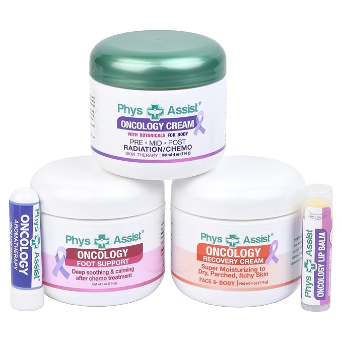 PhysAssist Bundle Oncology Kit For Women and Men - Comfort Kit For Chemo Patients. The Essentials for Face, Body & Feet. Includes Oncology Botanicals, Recovery and Foot Support. (3 - 4 oz) plus lip balm and aromaterahy nausea