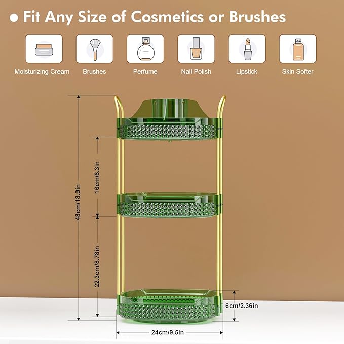 Awenia Rotating Makeup Organizer 360, Stackable Adjustable Large Capacity Cosmetic Storage Unit,Dresser Bathroom Kitchen Countertop Organizer with Metal Handle, Plus Size (Gem Green, 3 Tier)