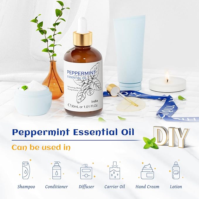 HIQILI 1 Fl Oz Peppermint Oil, for Homemade Spray, Diffuser, 100% Pure Natural 30ML