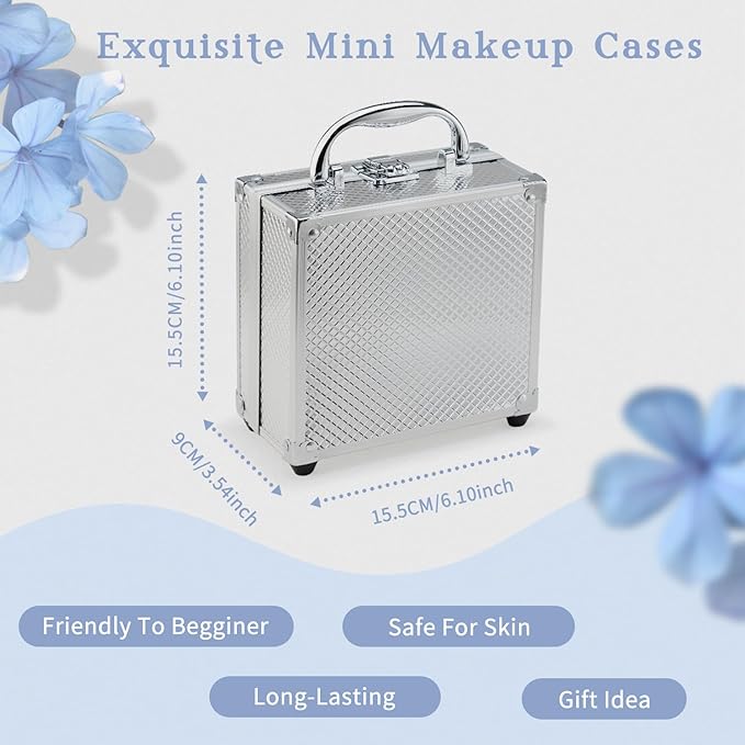 Color Nymph Beginner Makeup Kit For Teens With The Small Cosmetic Train Case Included 24-Colors Eyeshadow Palette Blushes Bronzer Highlighter Lipstick Brushes Mirror(Silver)