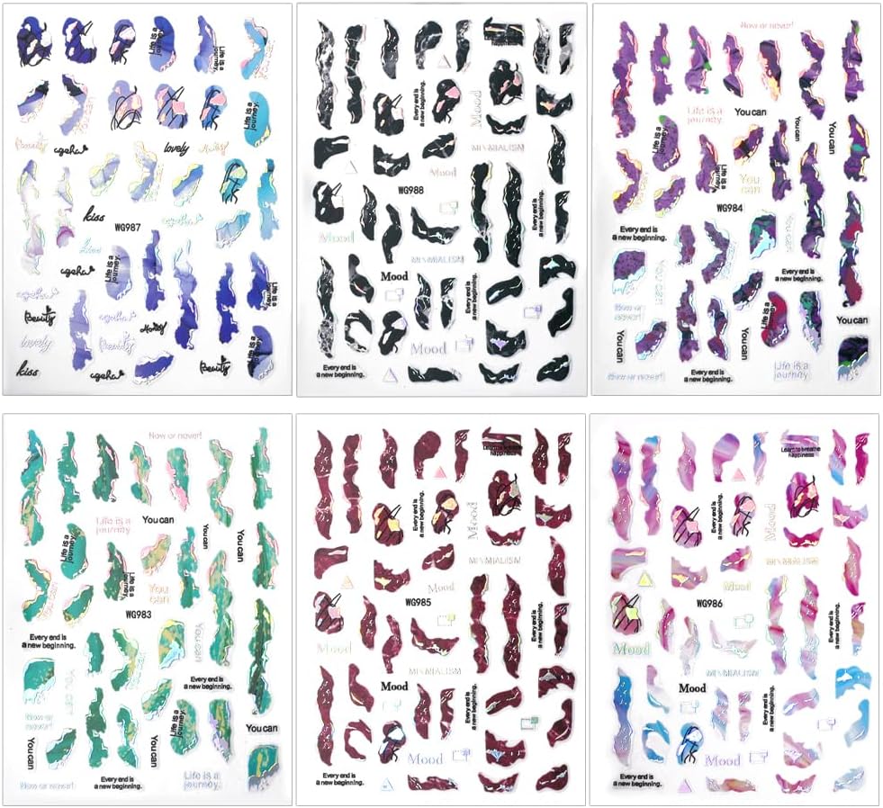 6 Color Marble Nail Art Stickers - Women's 3D Bronzing Silver & Watercolor Blooming Decals - Self Adhesive Foil Nail Designs