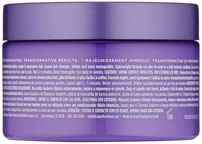 Obliphica Seaberry Hair Mask - Deep Conditioning Hydrating Treatment for Dry and Damaged Hair - Moisturizing Hair Repair and Growth Mask for Medium, Coarse, and Color-Treated Hair - 8.5 Ounces
