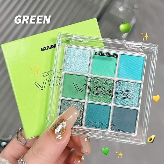 Erinde Matte Shimmer Light Deep Green Eye Shadow Palette Makeup Eyeshadow, Long Lasting Waterproof Cruelty-Free, 9 Blendable Shades Smooth Finishes Powder with Gorgeous Pearls for Girls