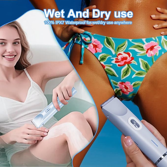 Electric Bikini Trimmer for Women, 2-in-1 Waterproof Painless Hair Removal, Face Body Private Area Shaver, Blue