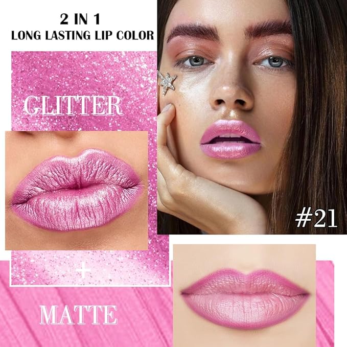 evpct Pink Metallic Glitter Lip Liner and Lipstick Combo Lip Gloss Stain Set Makeup for Women Long Lasting Waterproof 24, Rose Pink Metallic Shimmer Frosted Iridescent Glossy Liquid Lipstick 21