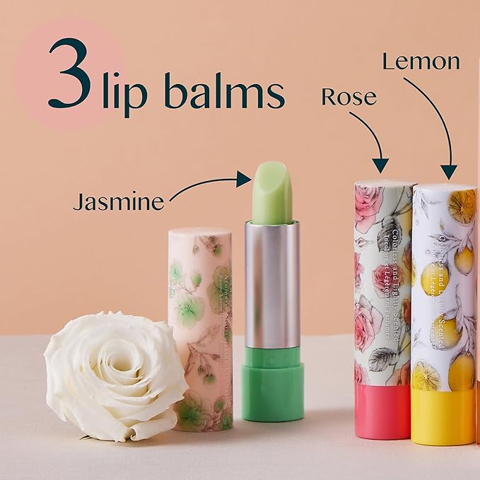 Aromatic Moisturizing Lip Balm-Jasmine, Rose, Lemon | Hydrating, Colorless & Lightly Scented lip moisturizer with Vitamin E (Pack of 3 Scents-0.12oz EA.)
