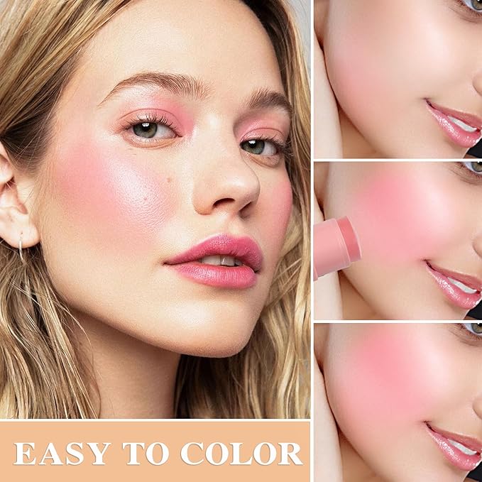 Cream Blush Stick with Brush and Makeup Sponge,Waterproof Multi Cream Makeup Stick,Lightweight,Long-lasting,2 in 1 Multi Blush for Cheeks & Lip Tint & Eyeshadow R