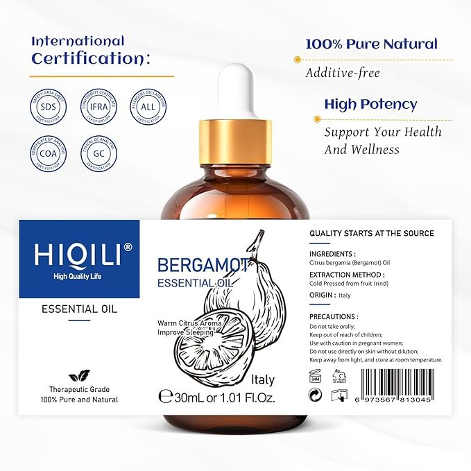 HIQILI Bergamot Essential Oil for Diffuser, Skin, Hair, DIY, 100% Pure & Natural - 1.01 Fl Oz (30 mL)