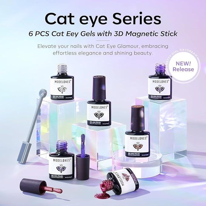 modelones Cat Eye Gel Nail Polish Set, 6 Colors 9D Glassy Cat Eye Glitter Gel Polish Black Red Purple Blue Silver Brown Nail Polish All Seasons with Magnet Soak Off Led DIY Salon Gift